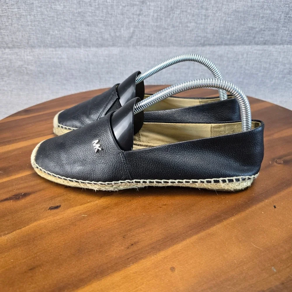 Michael Kors Black Leather Espadrille Flats MK Logo Slip On Shoes Womens 7M